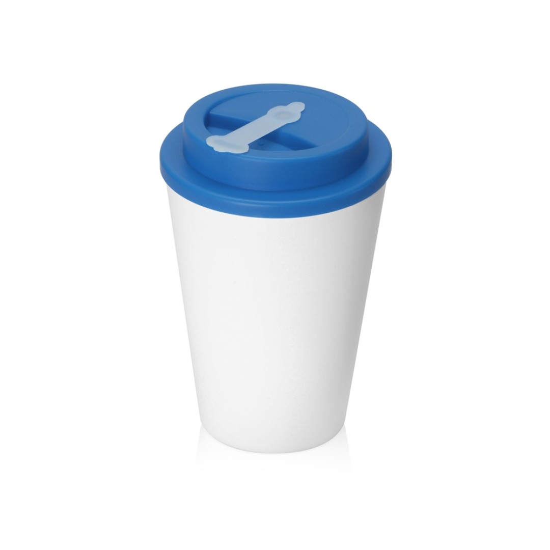 Пластиковый стакан Take away с двойными стенками и крышкой с силиконовым клапаном, 350 мл, белый/голубой