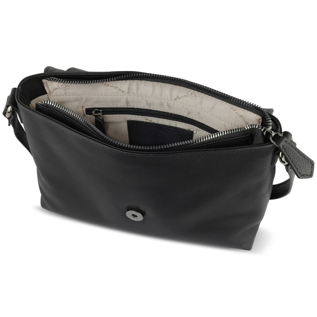 Сумка наплечная женская BUGATTI Bella, чёрная, воловья кожа/полиэстер, 25х8х20 см