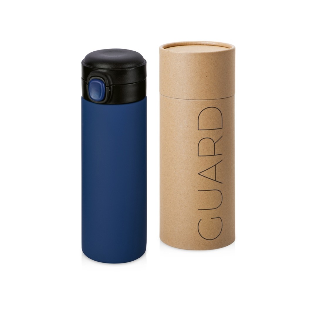 Вакуумная термокружка Waterline c кнопкой «Guard», 400 мл, тубус, темно-синий