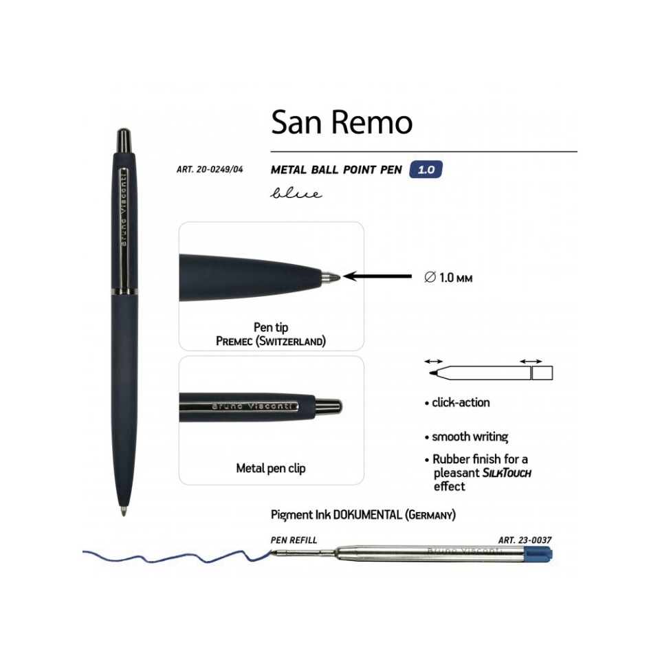 Ручка "SAN REMO" шариковая, автоматическая, темно-синий металлический корпус 1.00 мм, синяя