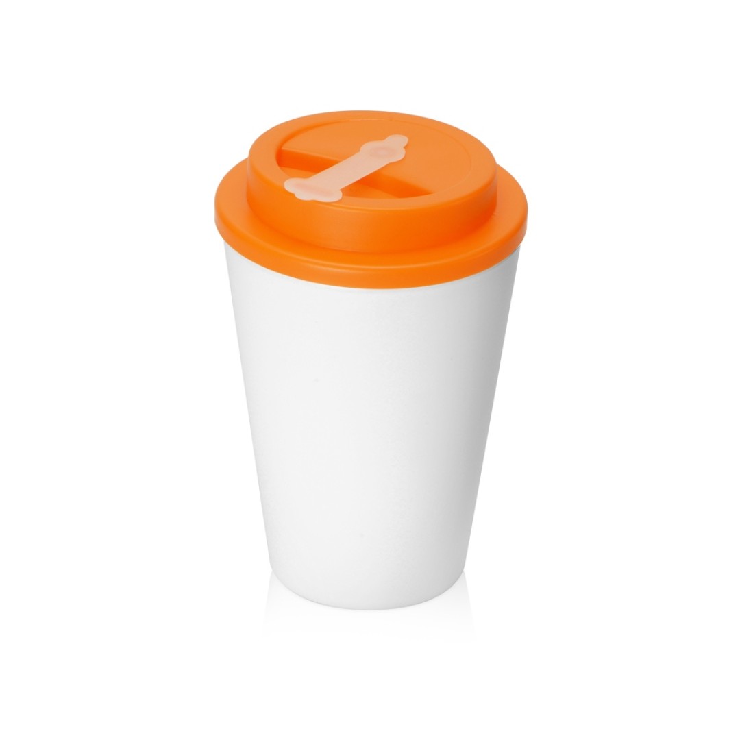 Пластиковый стакан Take away с двойными стенками и крышкой с силиконовым клапаном, 350 мл, белый/оранжевый