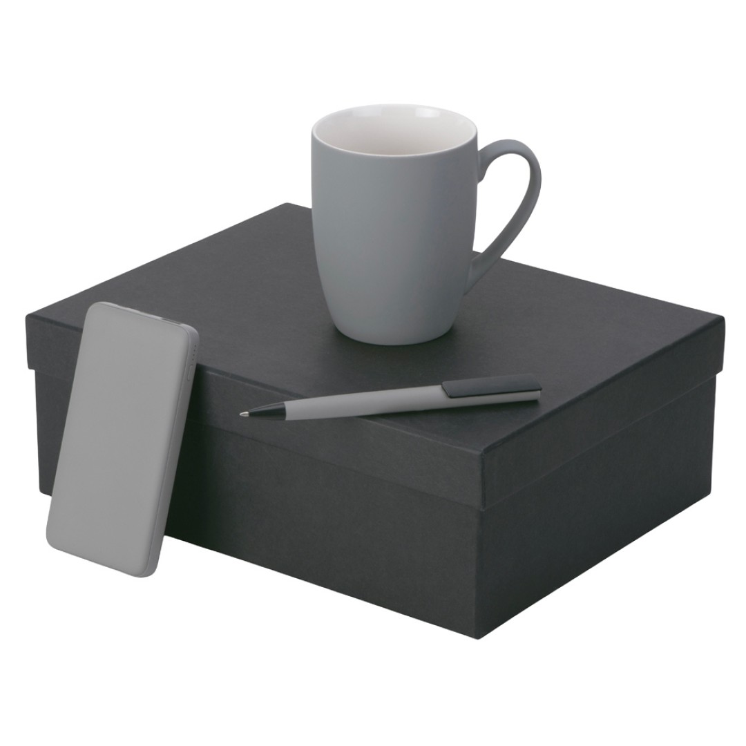 Подарочный набор c кружкой, пластиковой ручкой и повербанком С2, 10000 mAh, серый