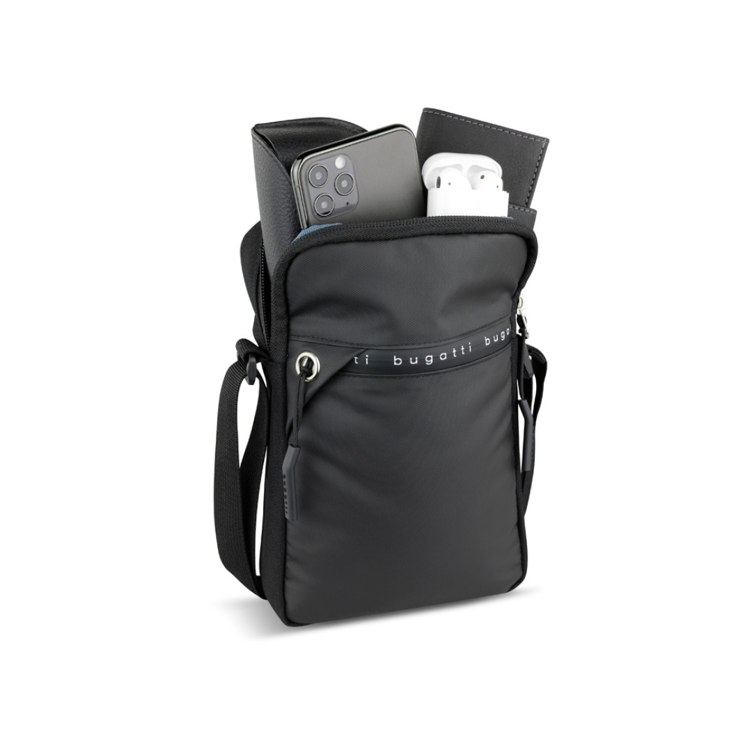 Сумка через плечо BUGATTI Blanc Delight, чёрная, нейлон RPET600D/тарпаулин/полиэстер, 16х4х23 см