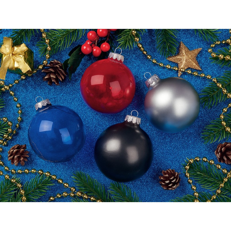 Стеклянный елочный шар "Christmas bauble", синий прозрачный, с серебристым колпачком в черной коробке