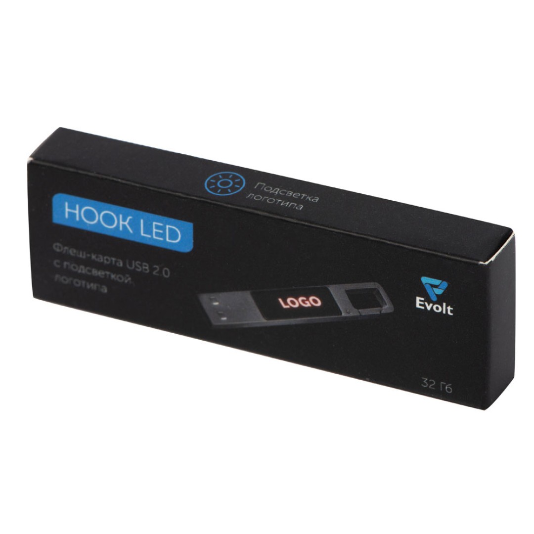USB 2.0- флешка на 32 Гб c подсветкой логотипа «Hook LED», темно-серый, красная подсветка