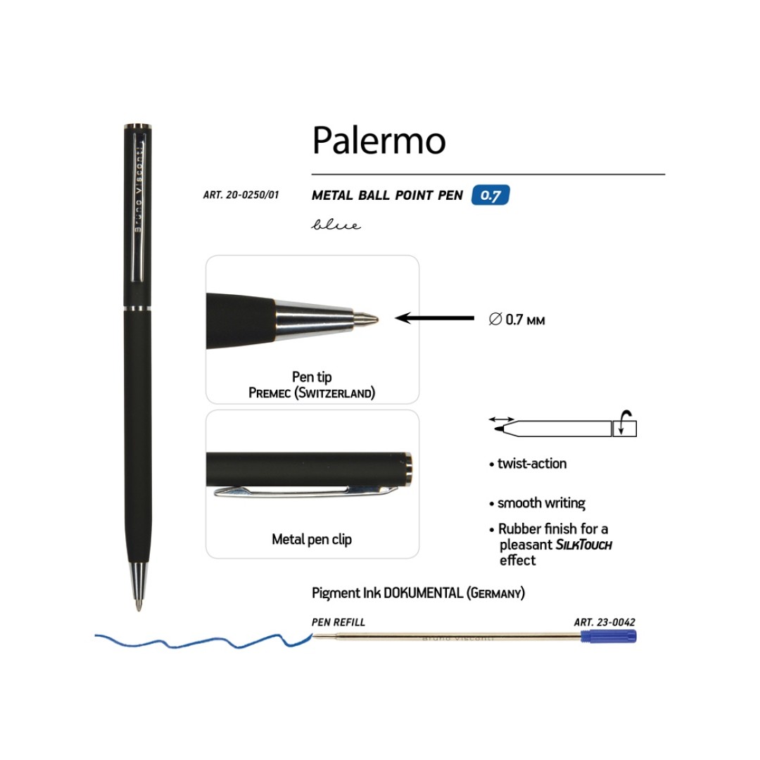 Ручка "Palermo" шариковая  автоматическая, черный металлический корпус, 0,7 мм, синяя