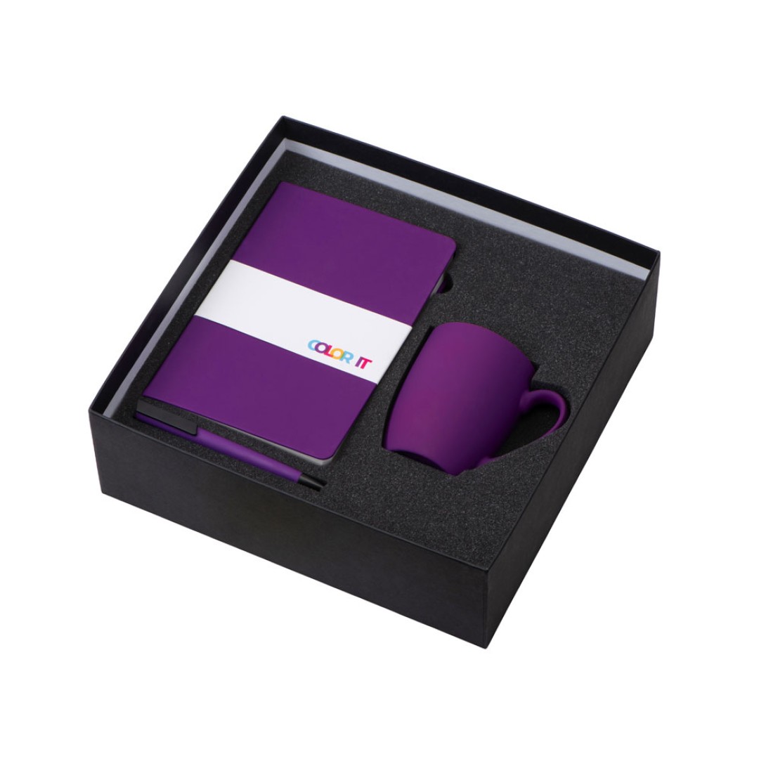 Подарочный набор с блокнотом С2, пластиковой ручкой и кружкой, фиолетовый