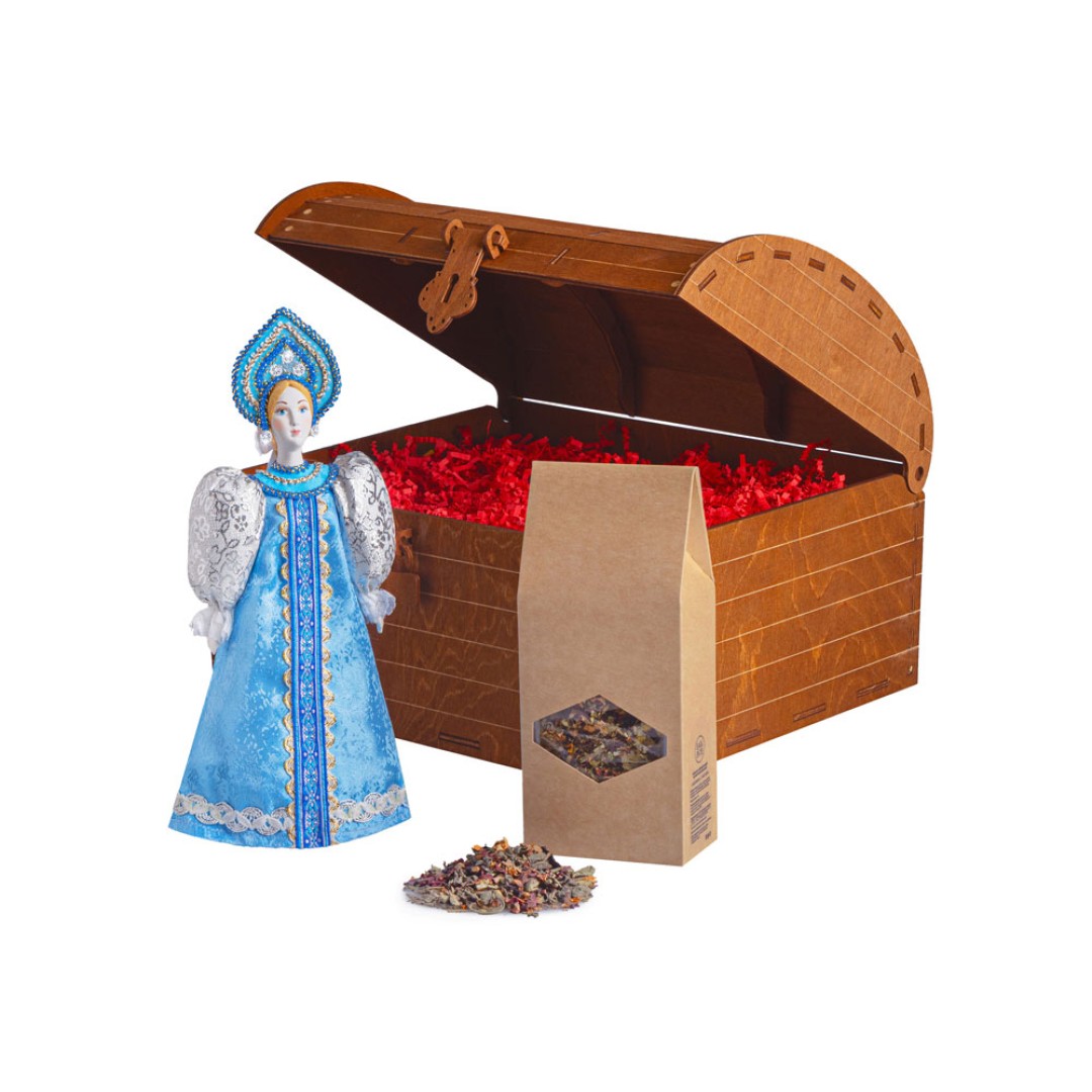 Подарочный набор: кукла фарфоровая, чай "Малина с мятой", голубой