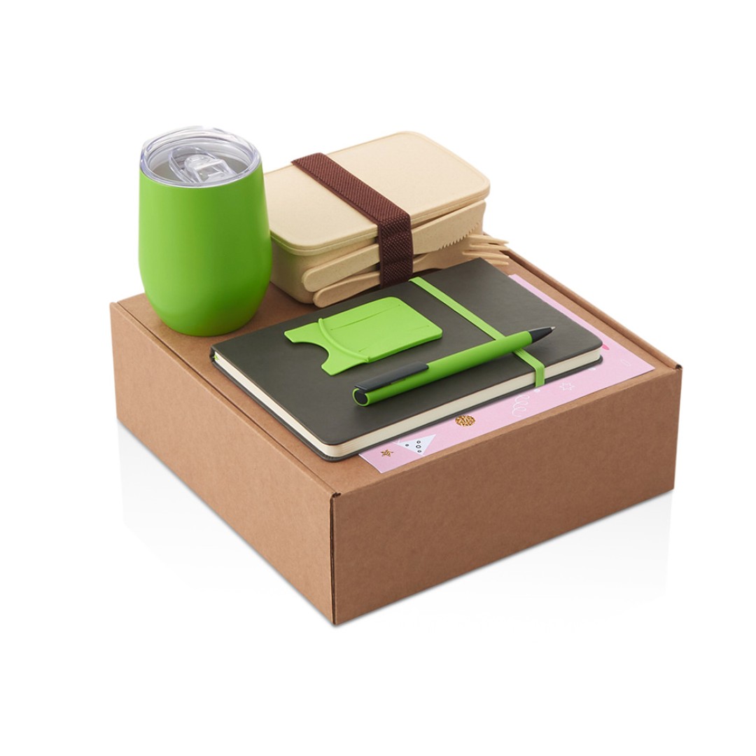 Набор с термокружкой, блокнотом, ручкой и ланчбоксом "Refreshment", зеленое яблоко