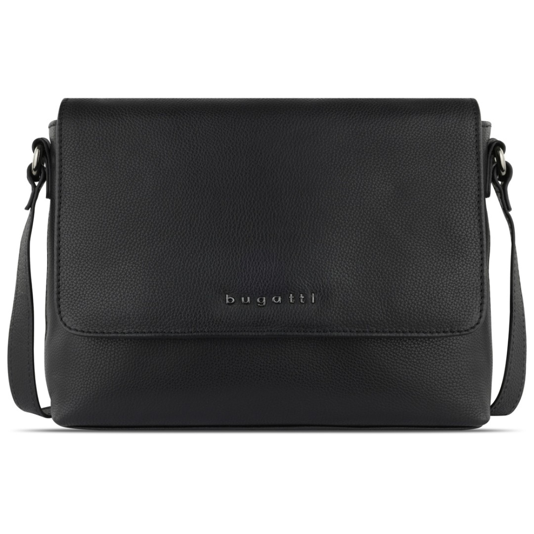 Сумка наплечная женская BUGATTI Bella, чёрная, воловья кожа/полиэстер, 25х8х20 см