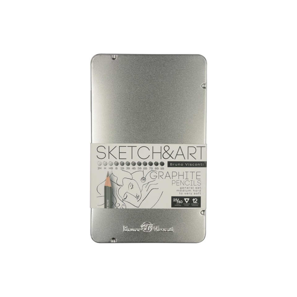 Набор чернографитовых карандашей  "Sketch & Art" ,12 шт. 2h-9b, металлическая коробка с ложементом