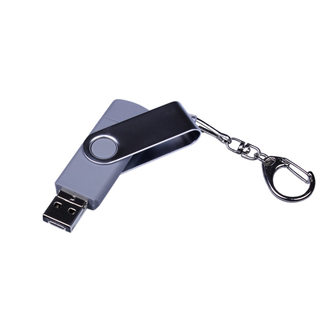 USB-флешка на 64 ГБ поворотный механизм, c двумя дополнительными разъемами MicroUSB и TypeC, серебро