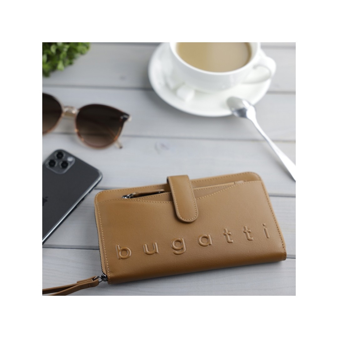 Кошелёк женский BUGATTI Daphne с ключницей, коньячный цвет, воловья кожа/полиэстер, 19х3х11 см