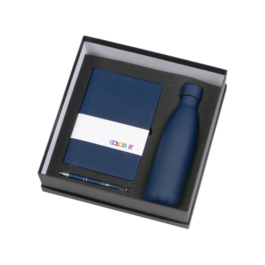 Подарочный набор с блокнотом С1, металлической ручкой и термобутылкой, темно-синий