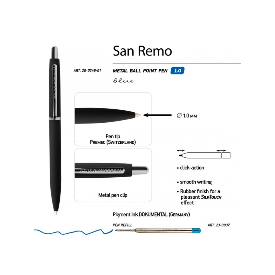 Ручка "SAN REMO" шариковая  автоматическая, черный металлический корпус, 1.00 мм, синяя