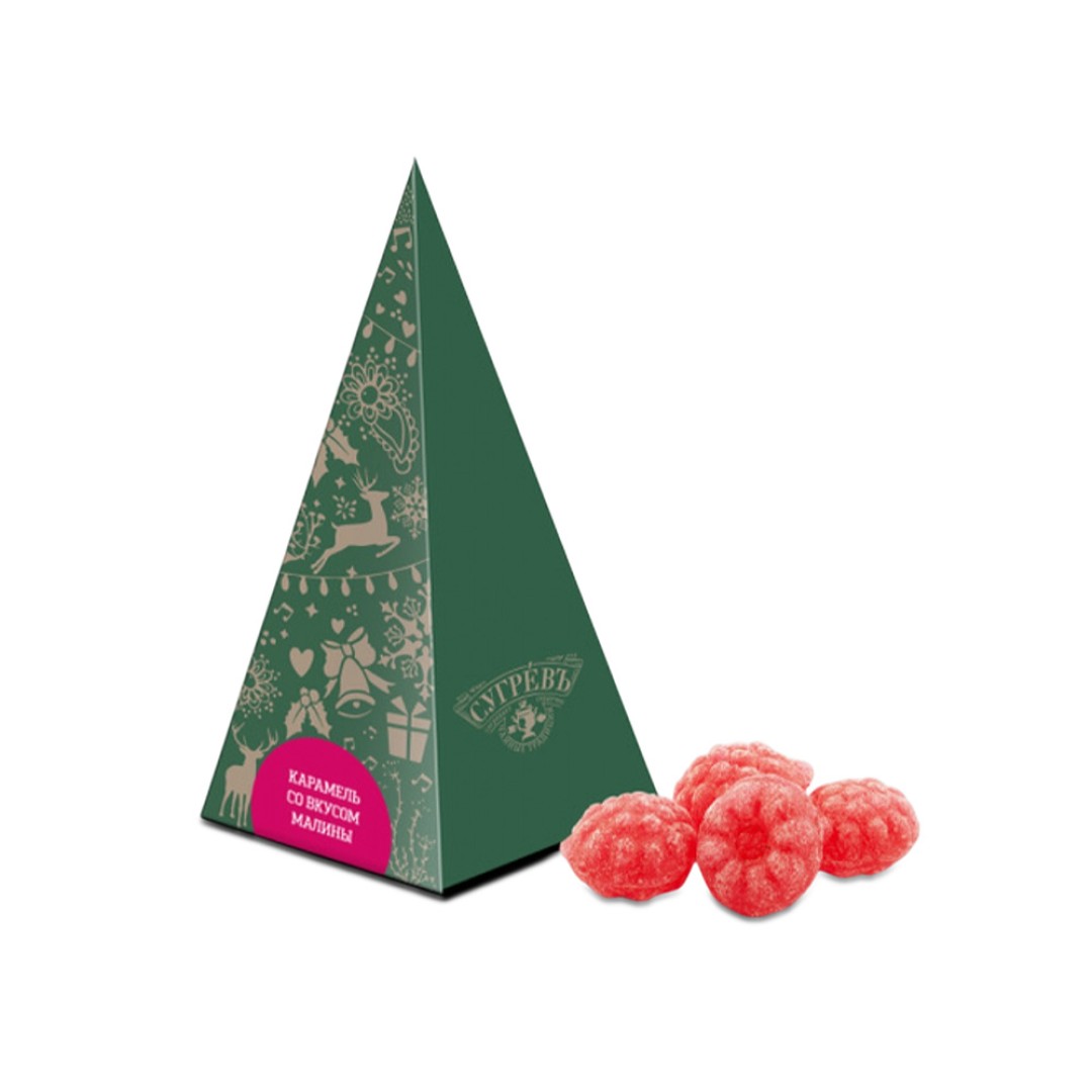 Елка из картона с бронзовым новогодним паттерном с малиновым монпансье, 50 г.