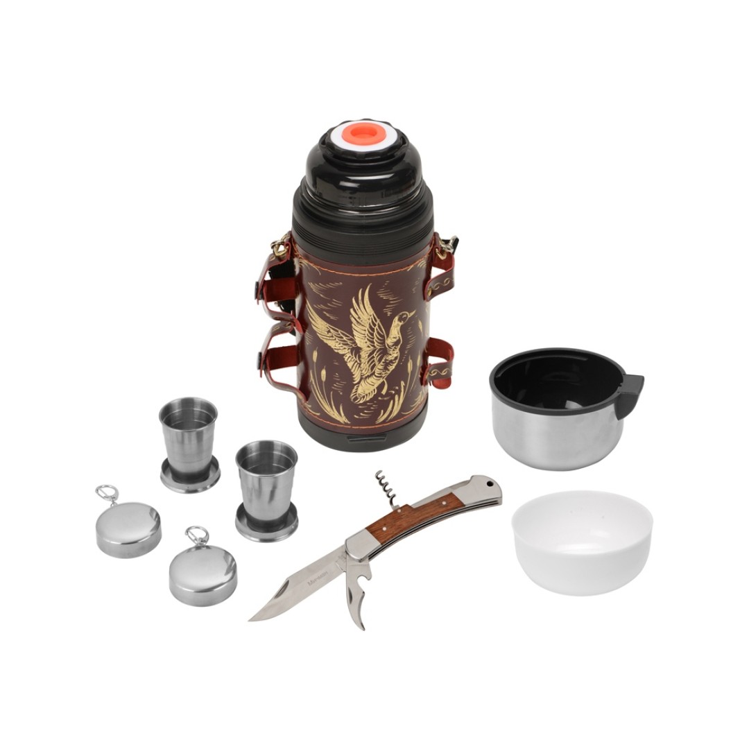 Термос в кожаном чехле, 1,2л, бордовая кожа