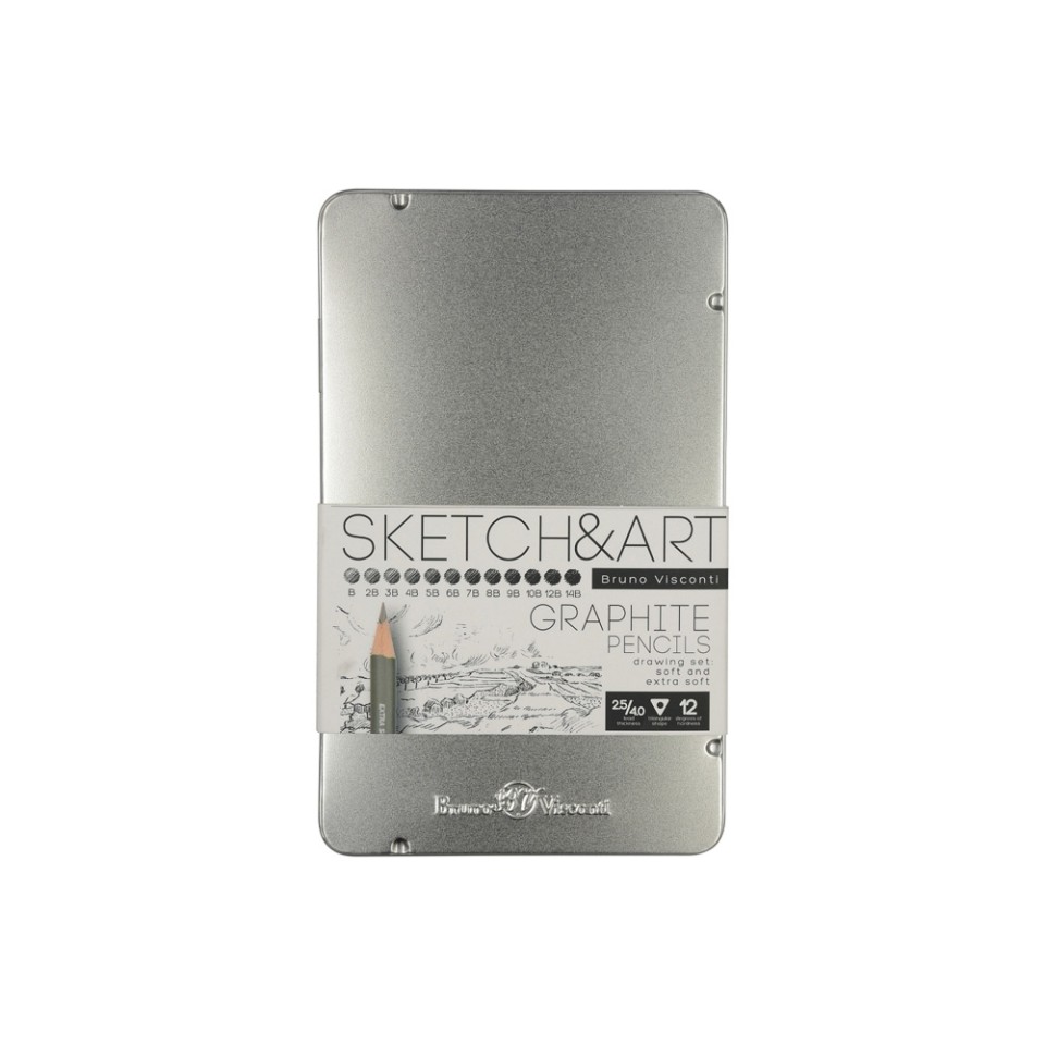 Набор чернографитовых карандашей  "Sketch & Art" ,12 шт. b-14b,  металлическая коробка с ложементом