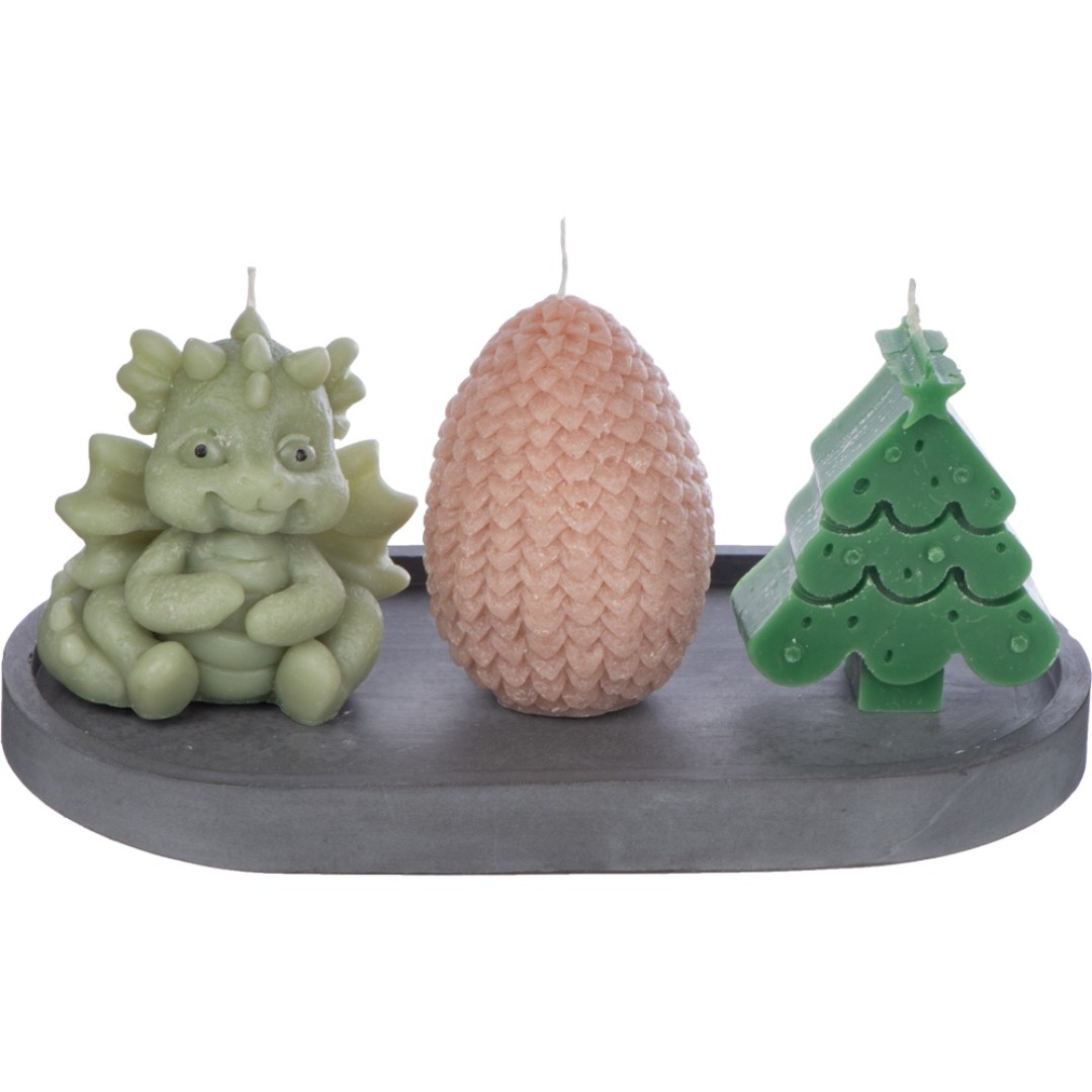 Свечи на подставке "Дракон, яйцо дракона, елочка"