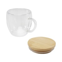 Стеклянная кружка Lenora емкостью 250 мл с бамбуковой крышкой - прозрачный