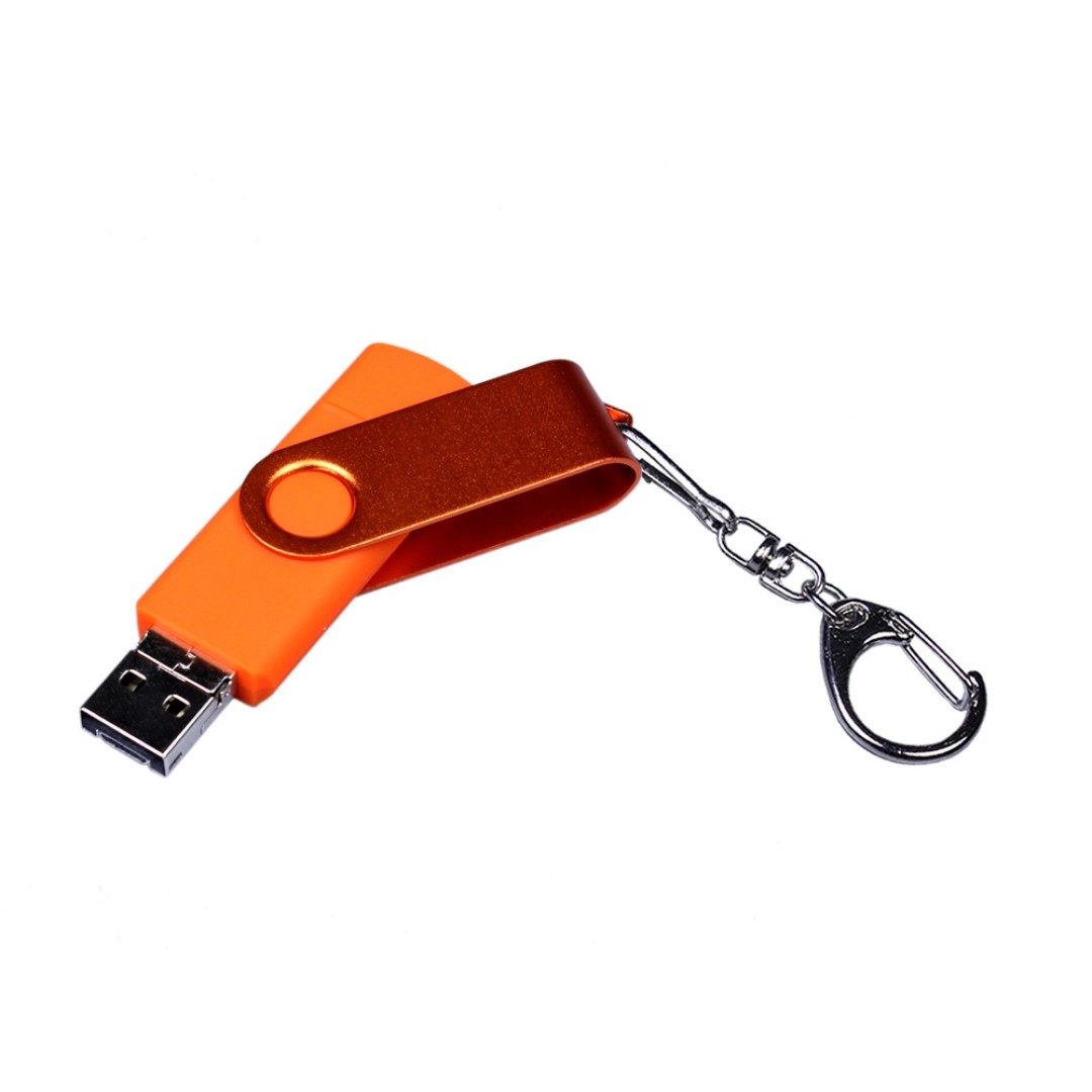 USB-флешка на 64 ГБ 3 в 1 поворотный механизм, c двумя дополнительными разъемами MicroUSB и TypeC C с одноцветным металлическим клипом, оранжевый