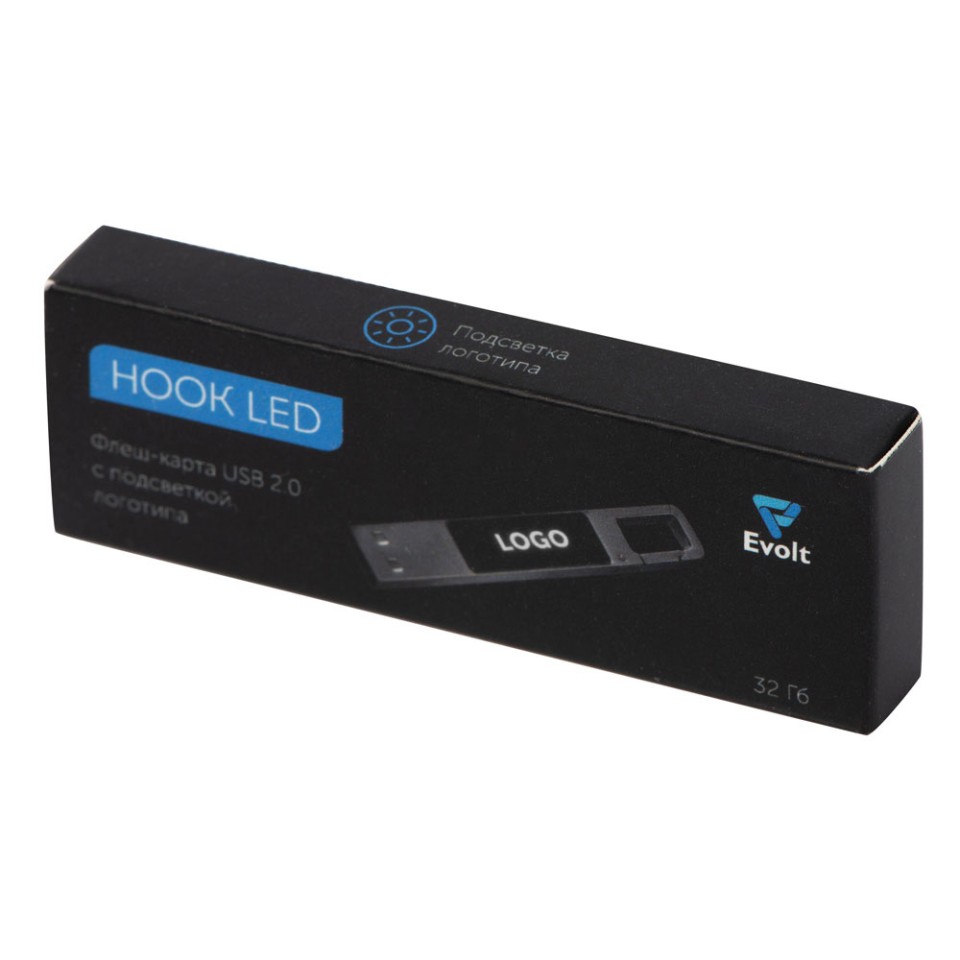 USB 2.0- флешка на 32 Гб c подсветкой логотипа «Hook LED», темно-серый, белая подсветка