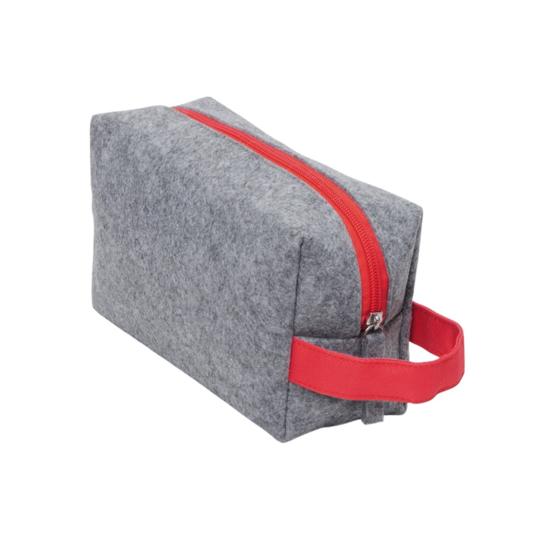 Косметичка из РПЕТ фетра с ручкой "Felt", серый с красным