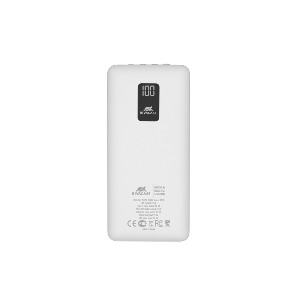 RIVACASE VA2210 (10000 мАч) внешний аккумулятор с дисплеем и встроенными кабелями, белый, 12/48