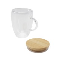 Стеклянная кружка Leona объемом 350 мл с бамбуковой крышкой - прозрачный