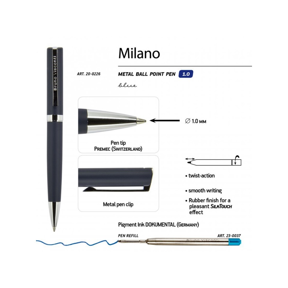 Ручка шариковая автоматическая BrunoVisconti® "MILANO" цвет корпуса синий, 1 мм