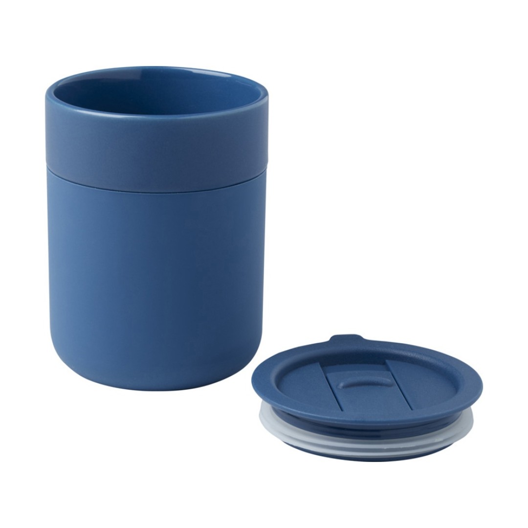 Java керамическая кружка емкостью 330 мл с силиконовой оберткой и пластиковой крышкой - Синий