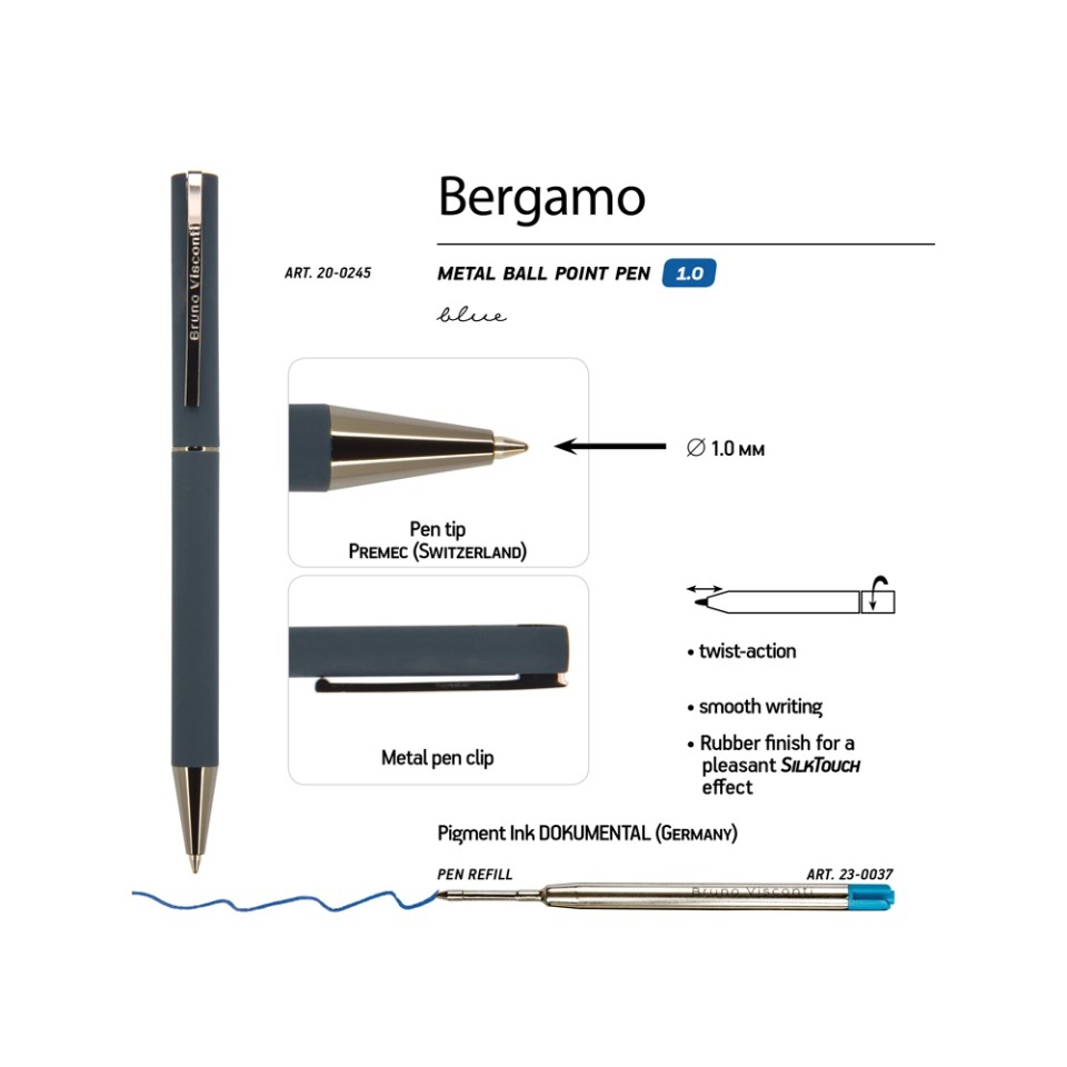 Ручка "Bergamo" шариковая автоматическая, синий металлический корпус, 0,7 мм, синяя