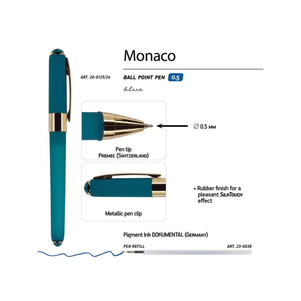 Ручка пластиковая шариковая «Monaco», 0,5мм, синие чернила, морская волна
