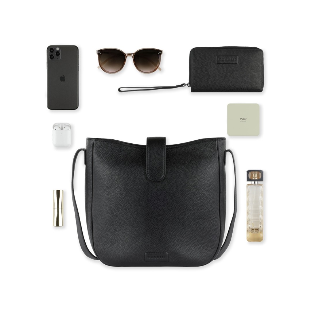 Сумка женская BUGATTI Elsa, чёрная, воловья кожа/полиэстер, 29х8х27 см