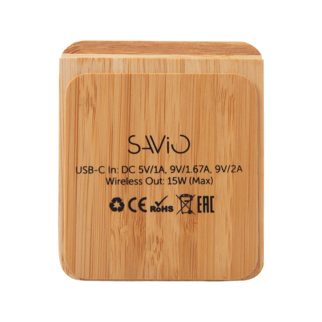 Беспроводное зарядное устройство 2-в-1 с подсветкой лого «Reedia S4», 15 Вт, бамбук, черный