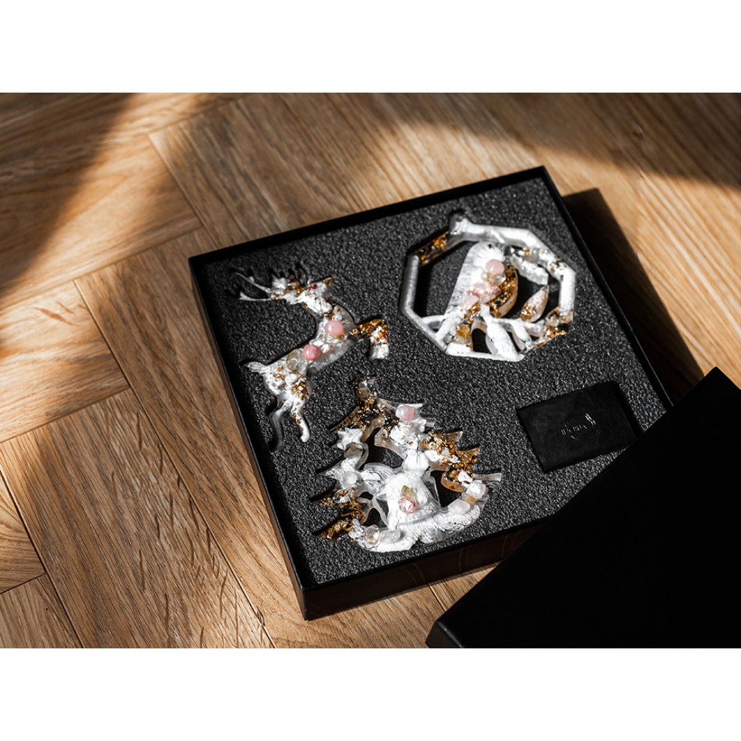 Елочные игрушки ( Снегирь+ Олень+ Ель) Розовый кварц