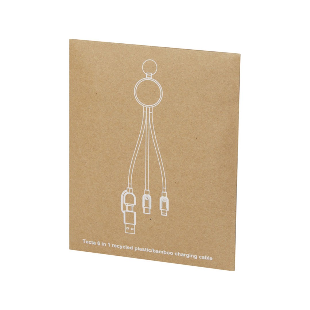 Кабель для зарядки Tecta «6 в 1» из переработанного пластика/бамбука с брелком, сплошной черный