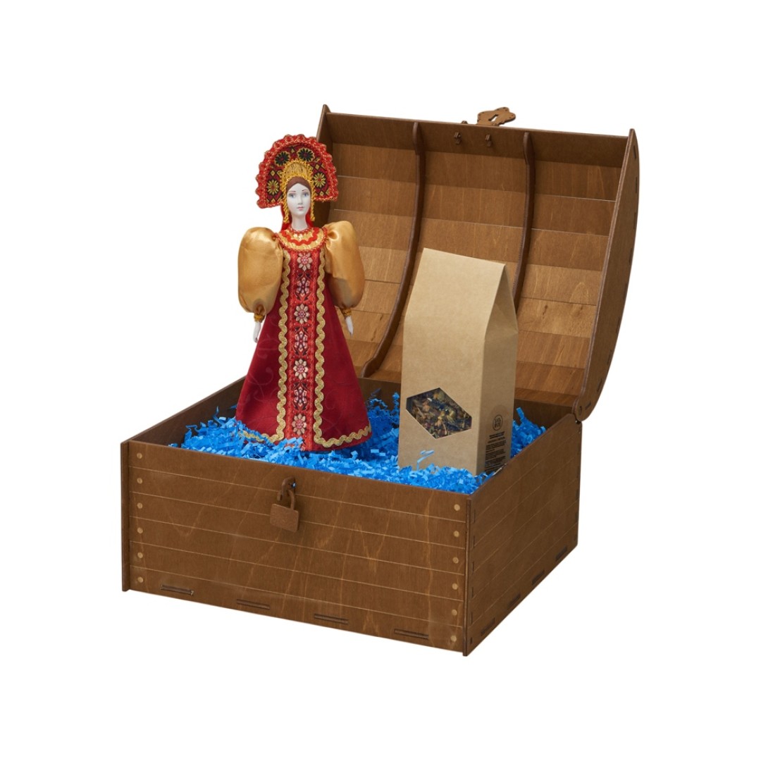 Подарочный набор: кукла фарфоровая, чай "Малина с мятой", красный