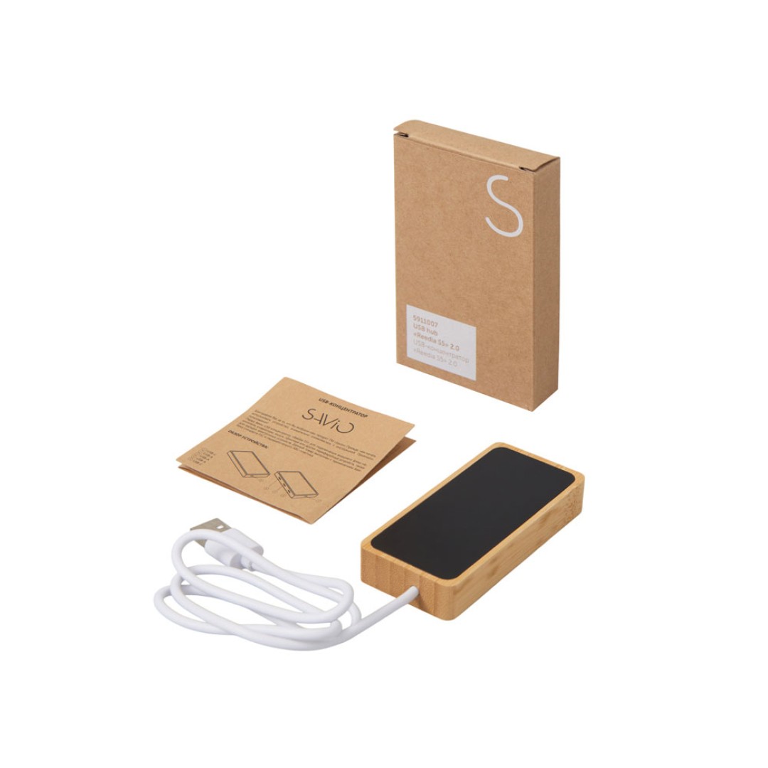 USB хаб с подсветкой лого «Reedia S5», 3*USB, 1*Type C, бамбук, черный