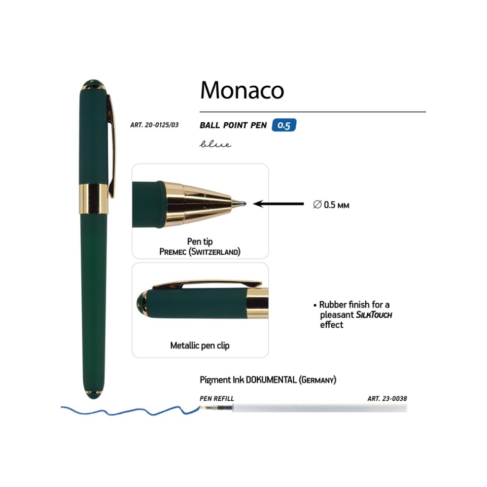 Ручка пластиковая шариковая «Monaco», 0,5мм, синие чернила, зеленый