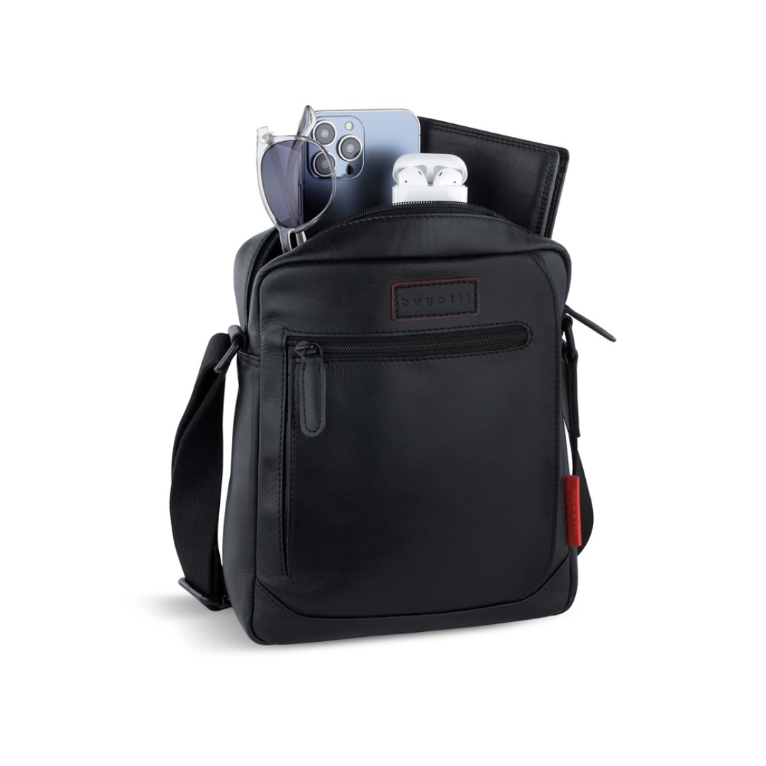 Сумка наплечная мужская BUGATTI Clark, чёрная, воловья кожа/полиэстер, 21х6,5х24 см, 3 л