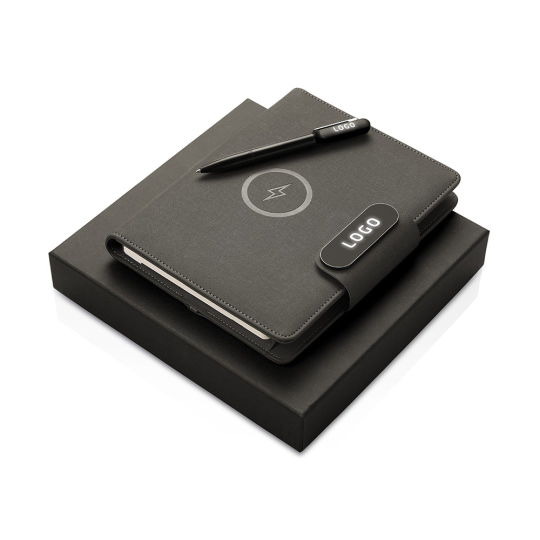 Подарочный набор металлическая ручка и блокнот А5 "Twilight"  со светящимся логотипом и пауэрбэнком