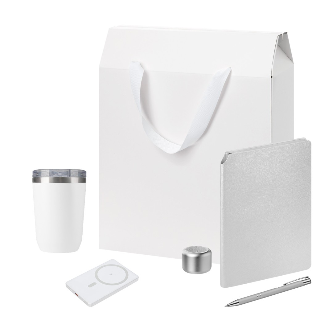 Подарочный набор Welcome Pack Premium, серебряный (термокружка, колонка, ежедневник, ручка, ЗУ, коробка-пакет)