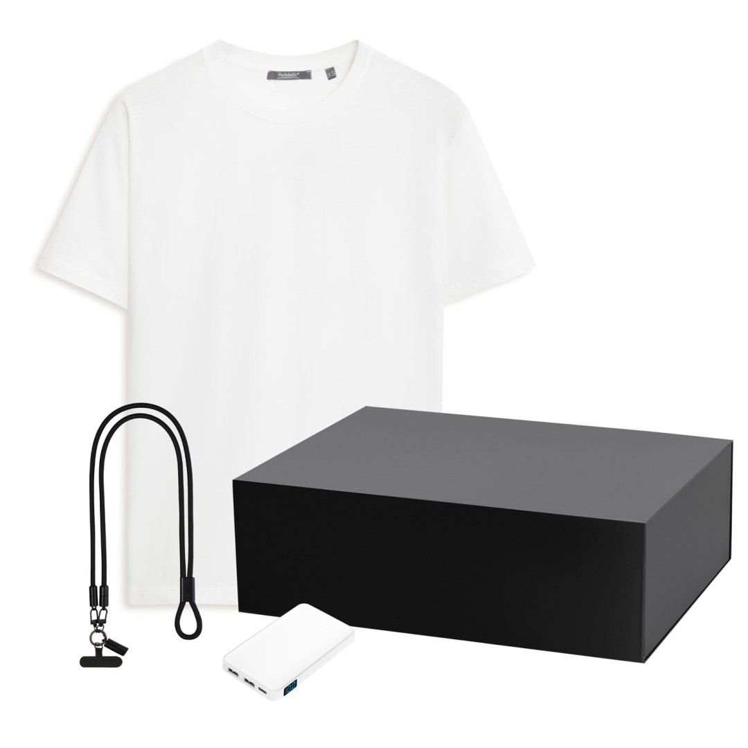 Набор с одеждой KRIS (футболка, аккумулятор, кабель-ланьярд), белый/черный, S