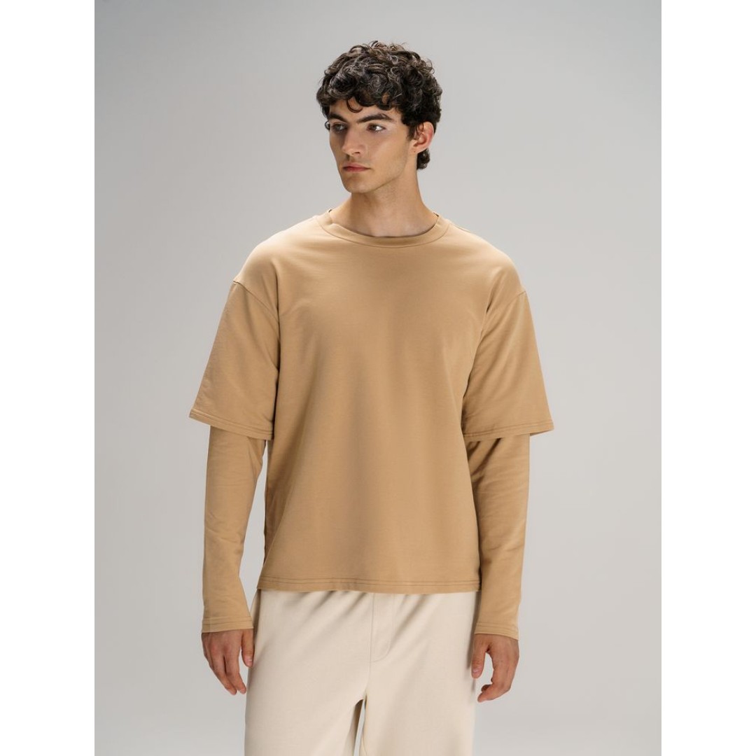 Футболка оверсайз с двойным рукавом Kosmos, бежевая, размер XS/S