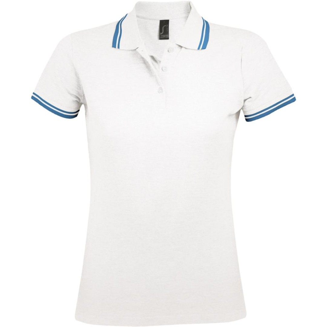 Рубашка поло женская Pasadena Women 200 с контрастной отделкой, белая с голубым