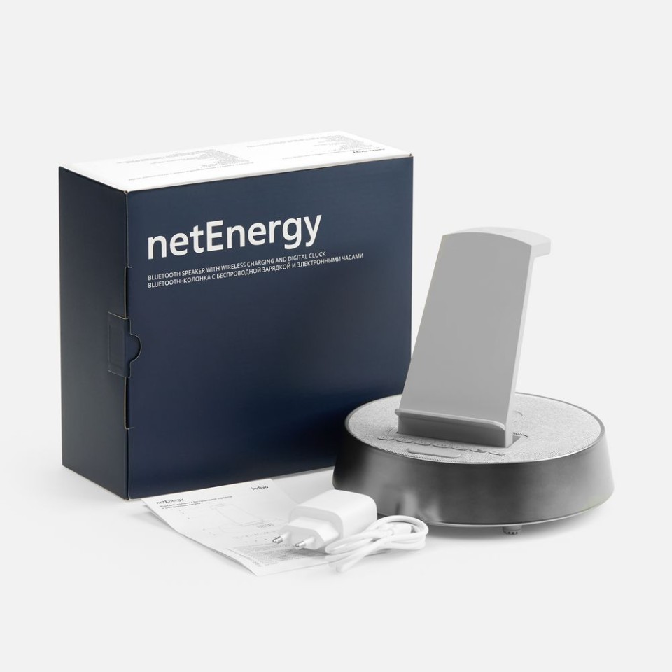 Bluetooth-колонка с беспроводной зарядкой и часами netEnergy, серая