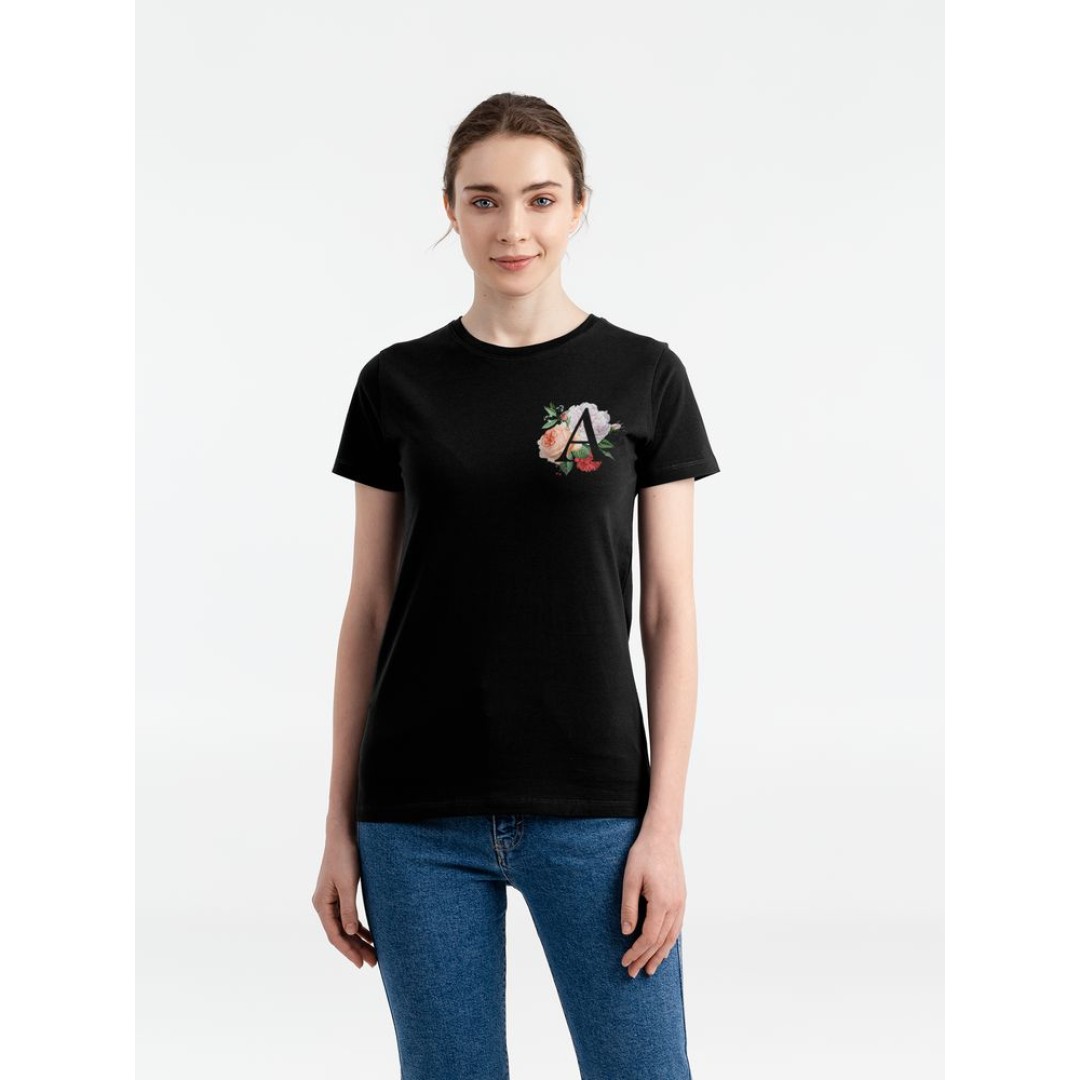 Футболка женская «Цветочная азбука: А», черная, XL