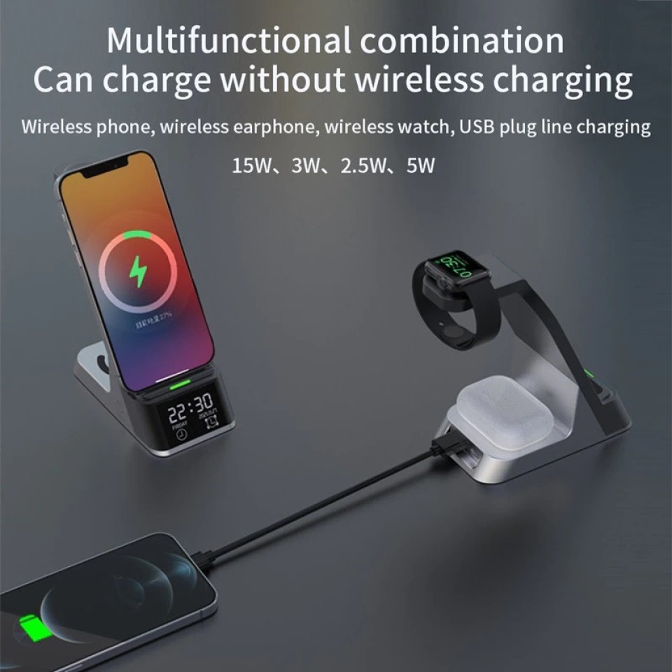 Беспроводное зарядное устройство с будильником 6 в 1 Qwerty New Wireless Charger