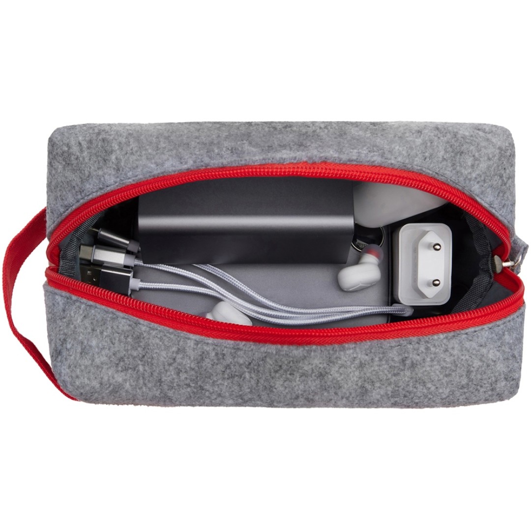 Органайзер для электроники и проводов "Felt" из RPET-фетра с ручкой, серый с красным